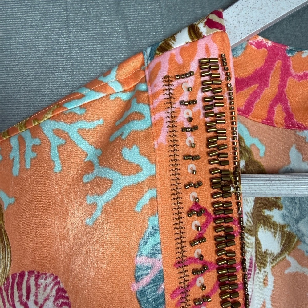 Chicos Open Kimono Slip Orange L/XL Seashell Print Beaded Bright Vacation Beach - Picture 12 of 16
